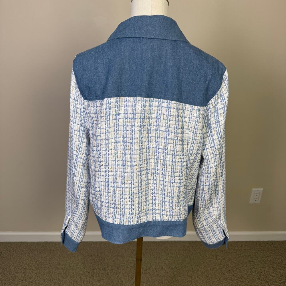 Nanette Lepore Tweed Jacket Denim Trim Boucle Pearl Buttons US Womens L New - Picture 5 of 11